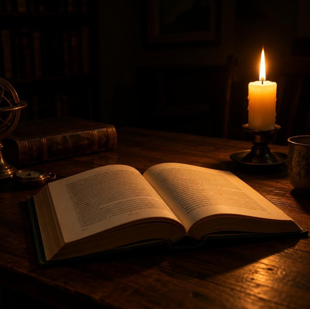 Open book illuminated by candlelight in a dark room
