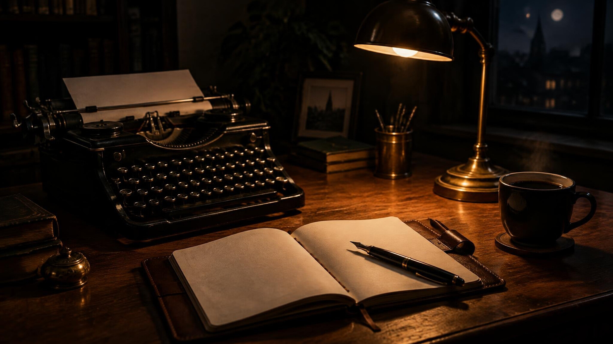 Writer's desk at night with typewriter, notebook and coffee cup lit by a lamp