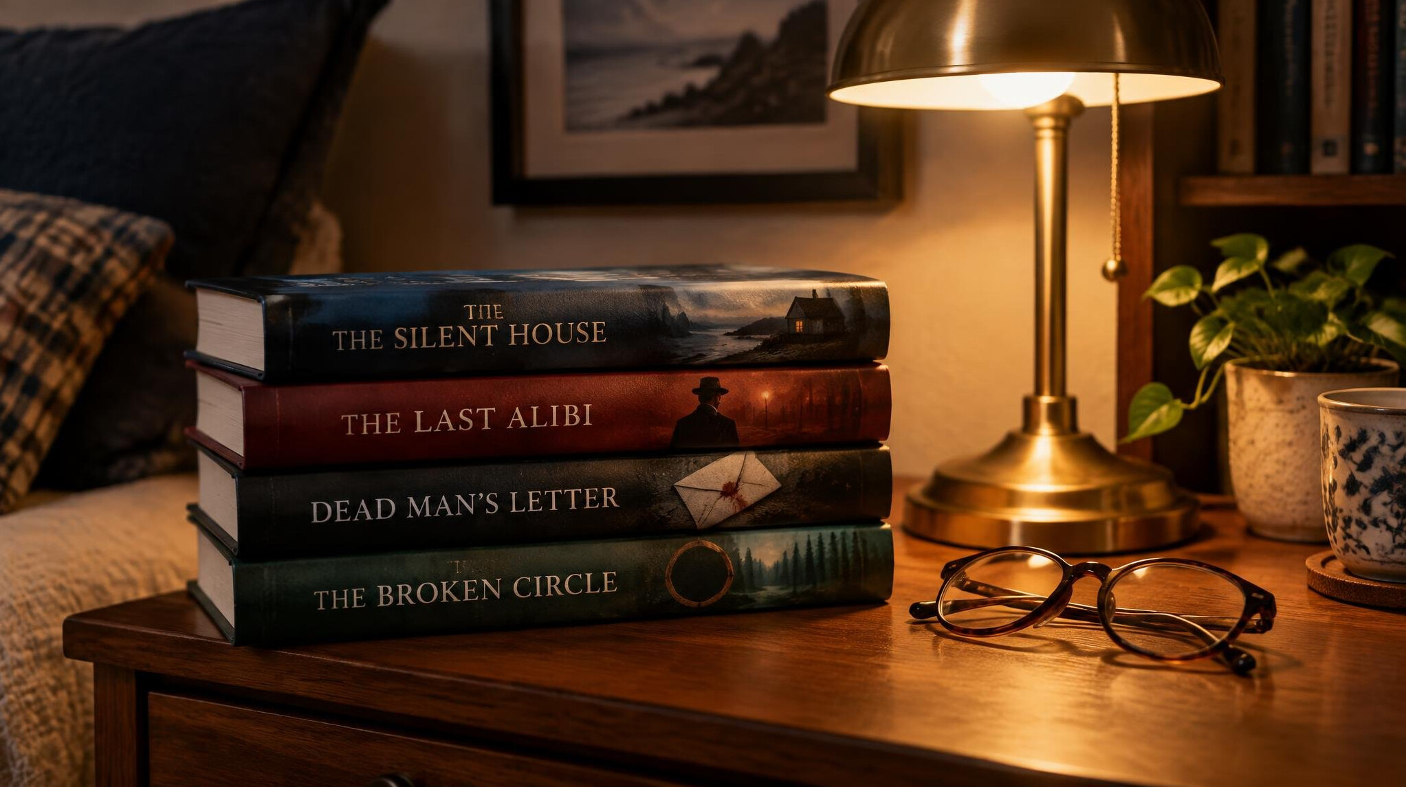 Stack of hardcover mystery novels beside a reading lamp