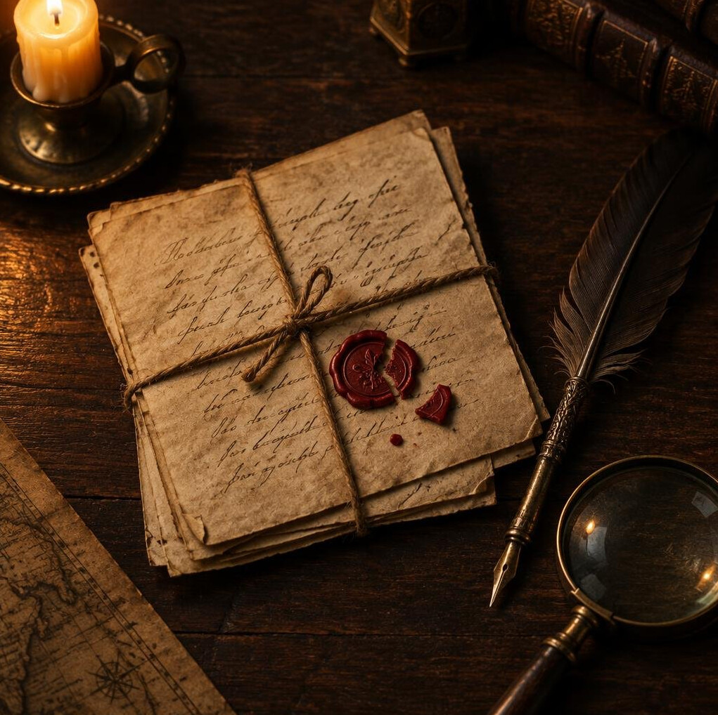 Old handwritten letters with a wax seal and quill on a wooden table