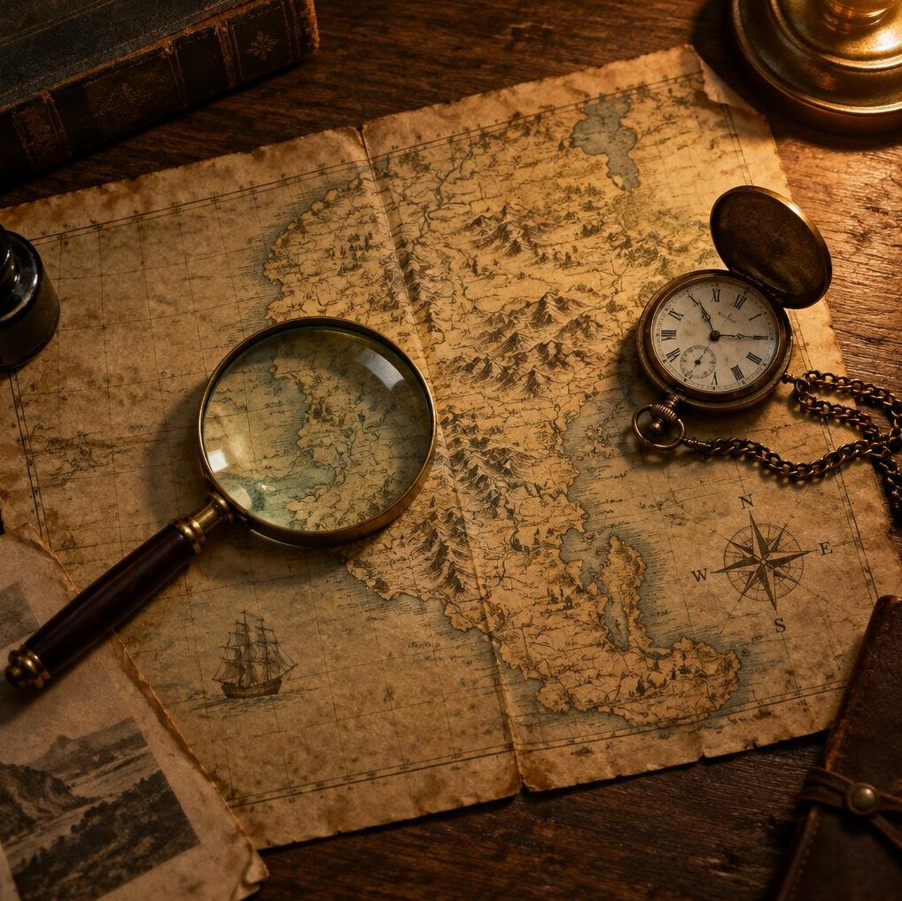 Vintage map with a magnifying glass and old pocket watch
