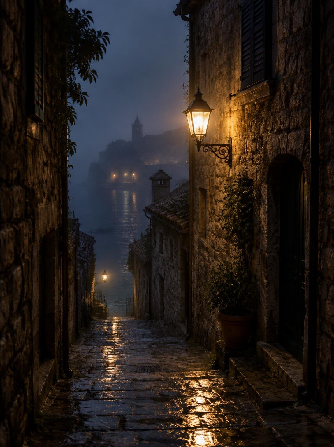 Foggy narrow European stone alley at night lit by a single street lamp
