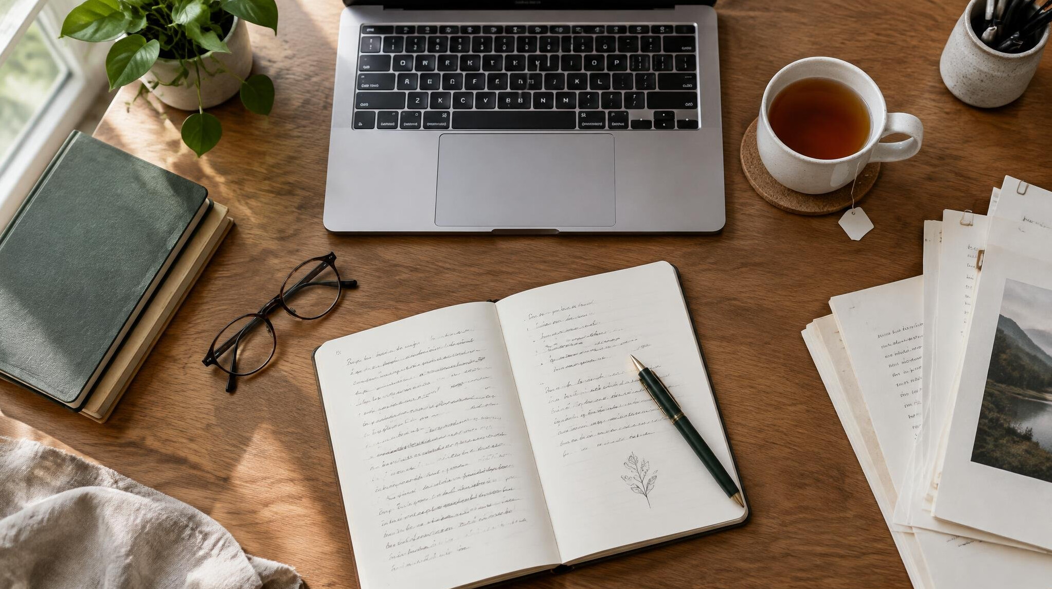 Overhead view of a writer's workspace with laptop, notebook and glasses