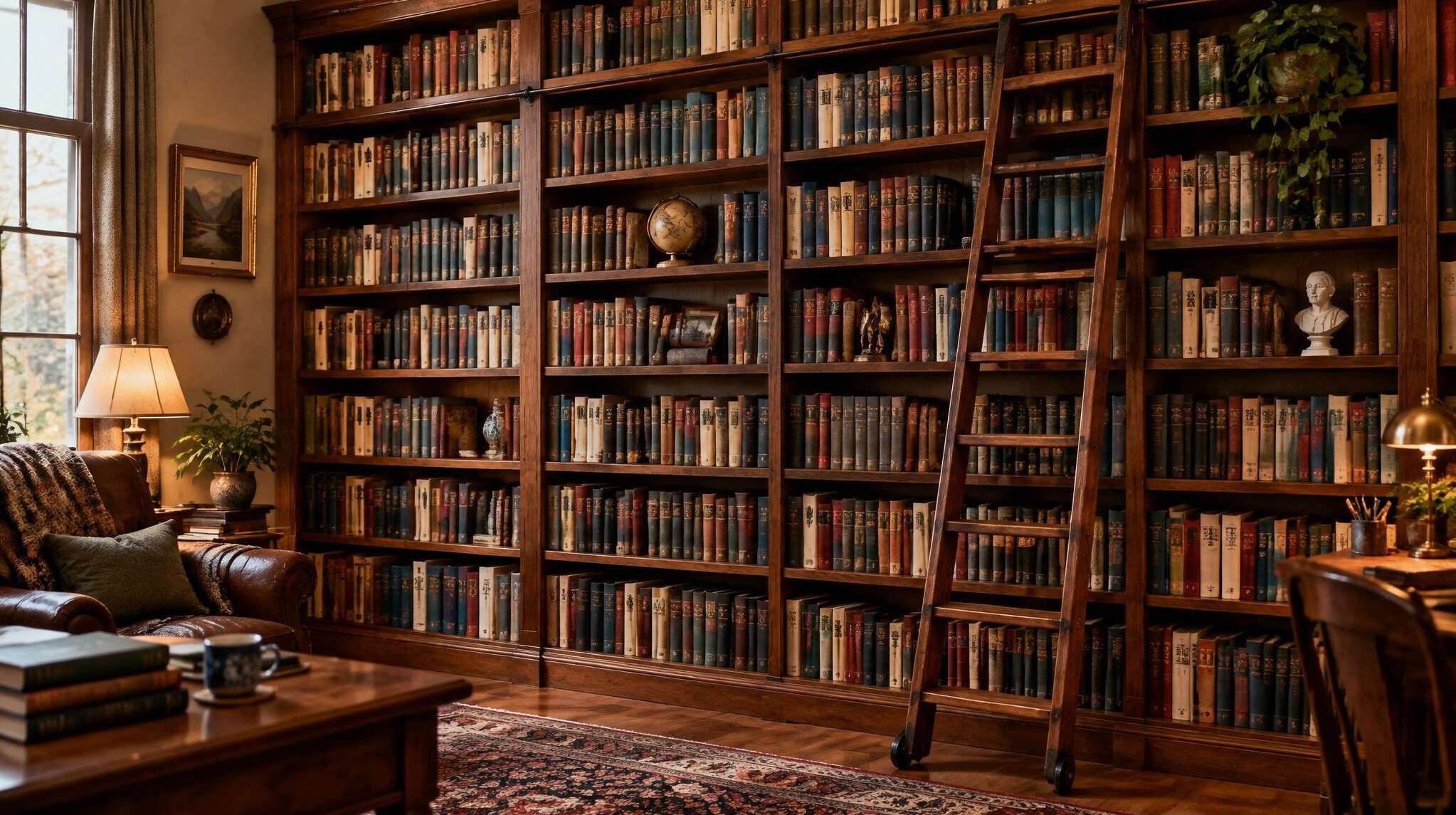 Tall wooden bookshelf filled with hardcover novels in a study