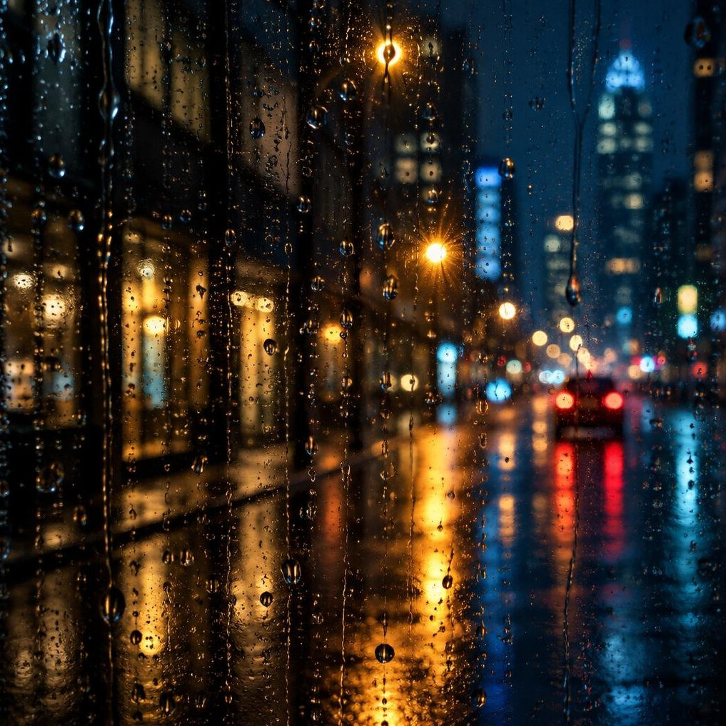 Raindrops on a window with blurred city lights at night